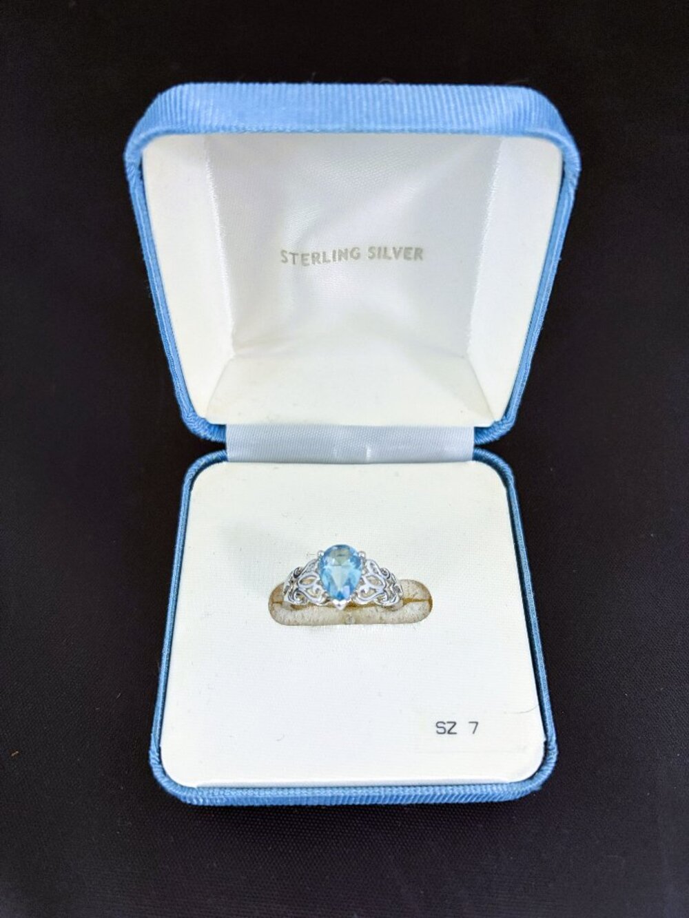 Women's Sterling Silver Ring Size 7 Blue Topaz Teardrop Shape Filigree Sterling